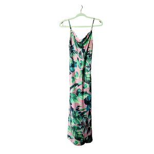 Satin Tropical Print Dress - Vibrant Greens on Pink Background